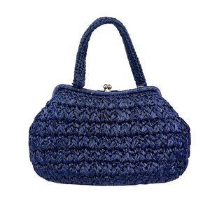 Navy Straw Handbag with Silver Hardware